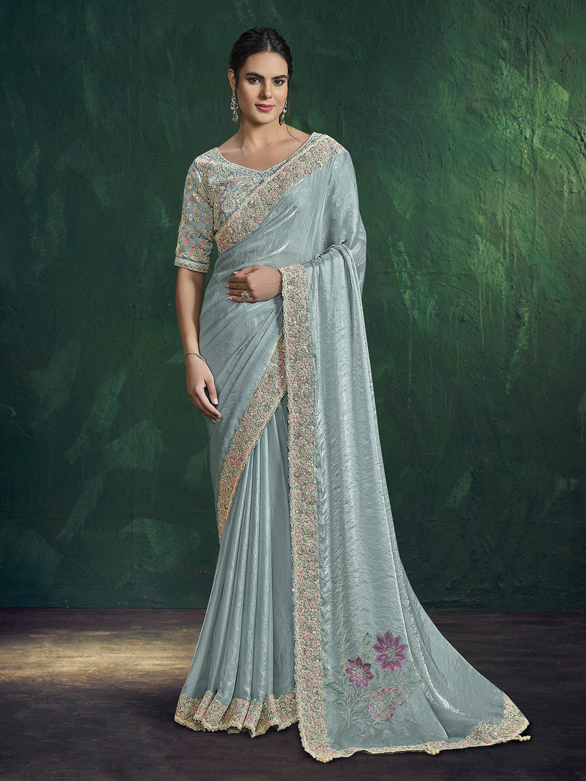 Mint blue shimmer satin silk saree