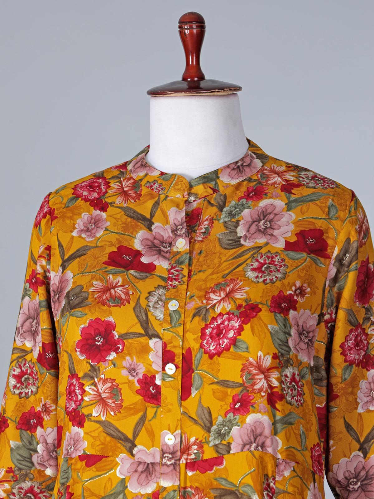 Mustard yellow floral printed cotton silk kurti