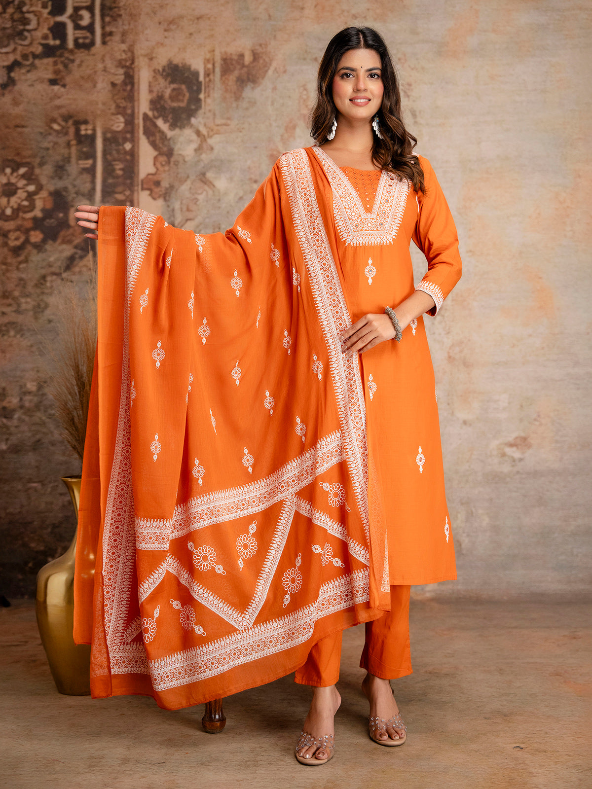 Pastel orange cotton slk kurti set