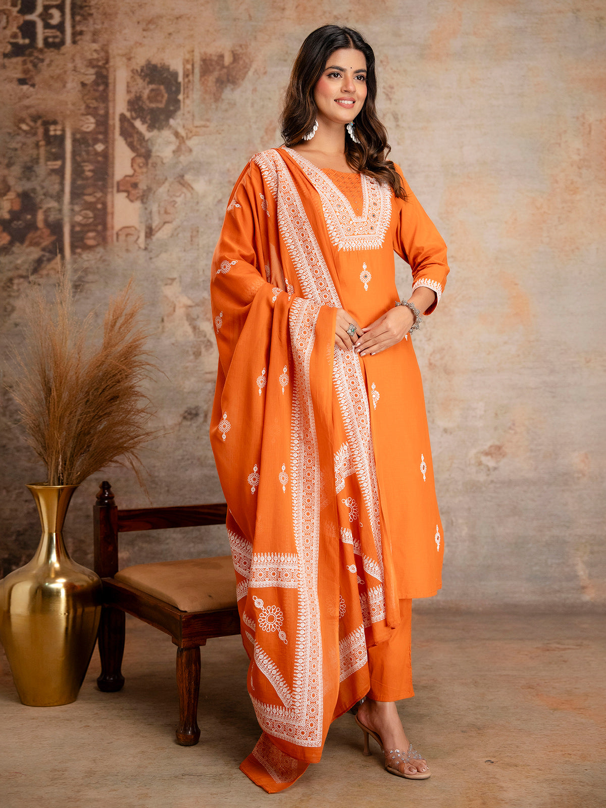 Pastel orange cotton slk kurti set