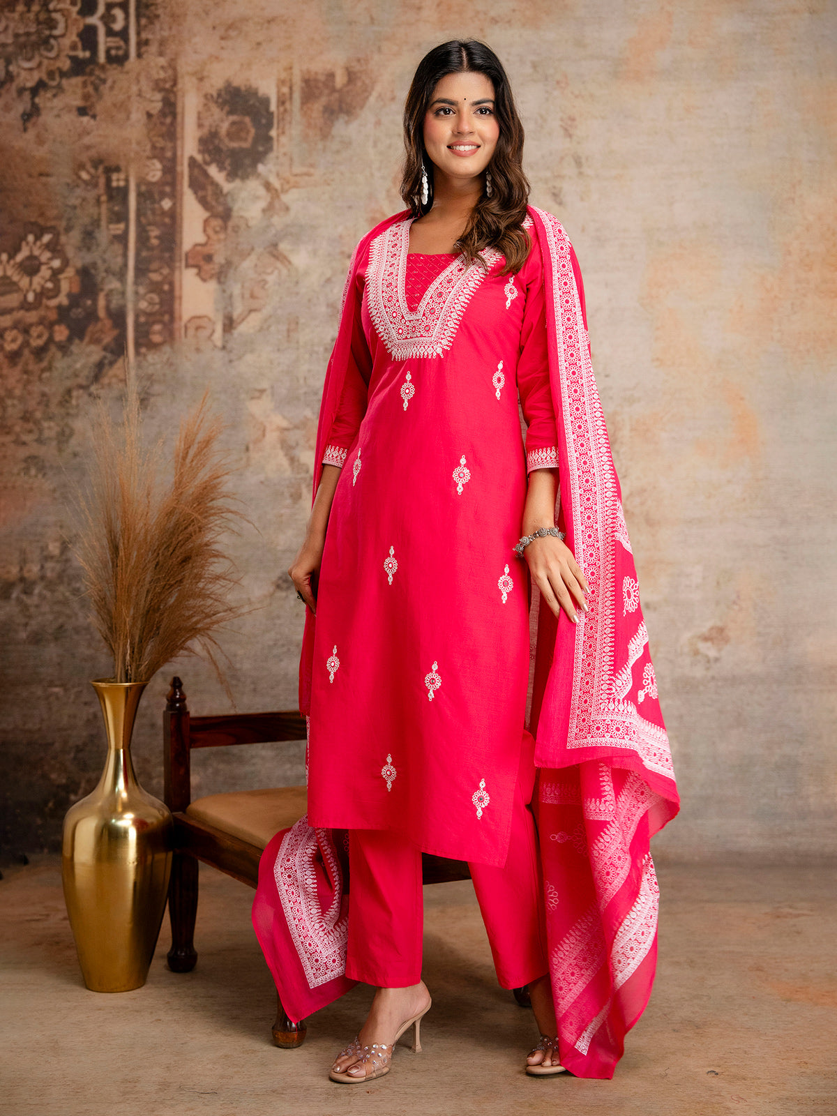 Magenta cotton silk kurti set with thread work