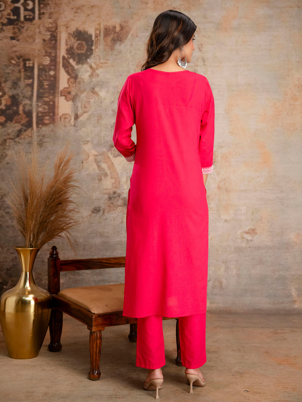 Magenta cotton silk kurti set with thread work