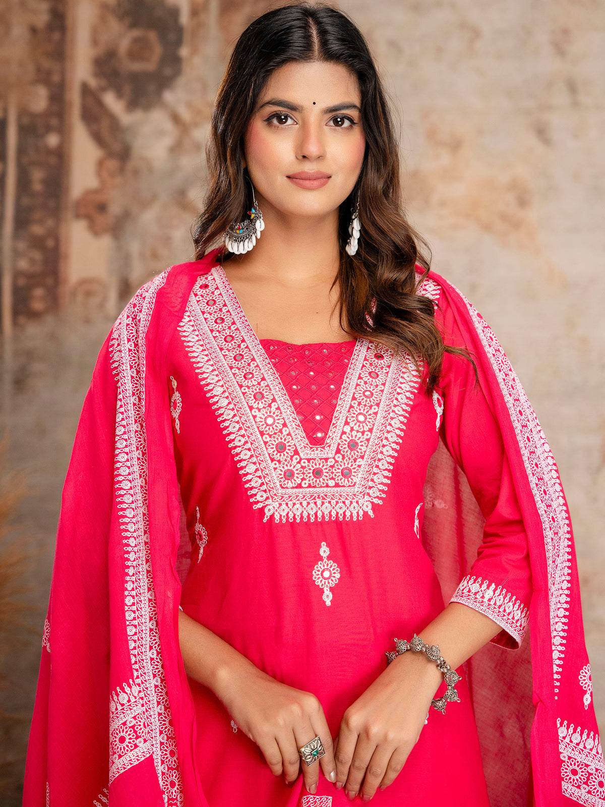 Magenta cotton silk kurti set with thread work