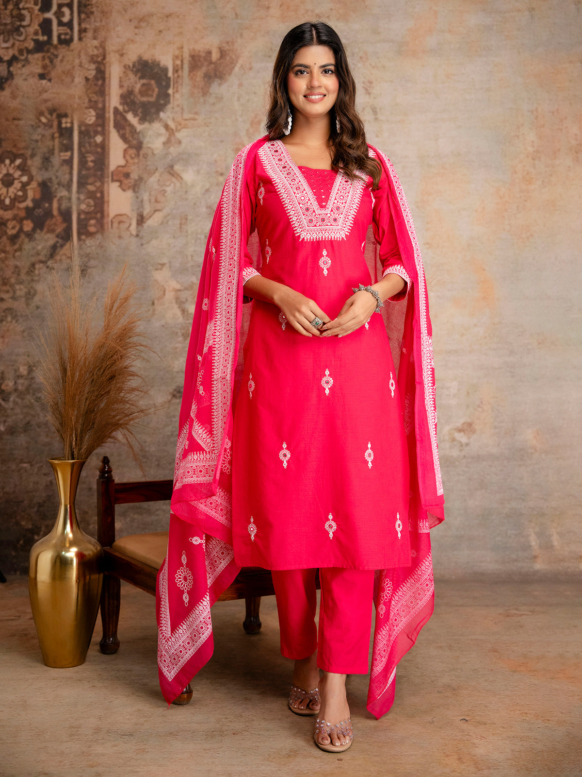Magenta cotton silk kurti set with thread work
