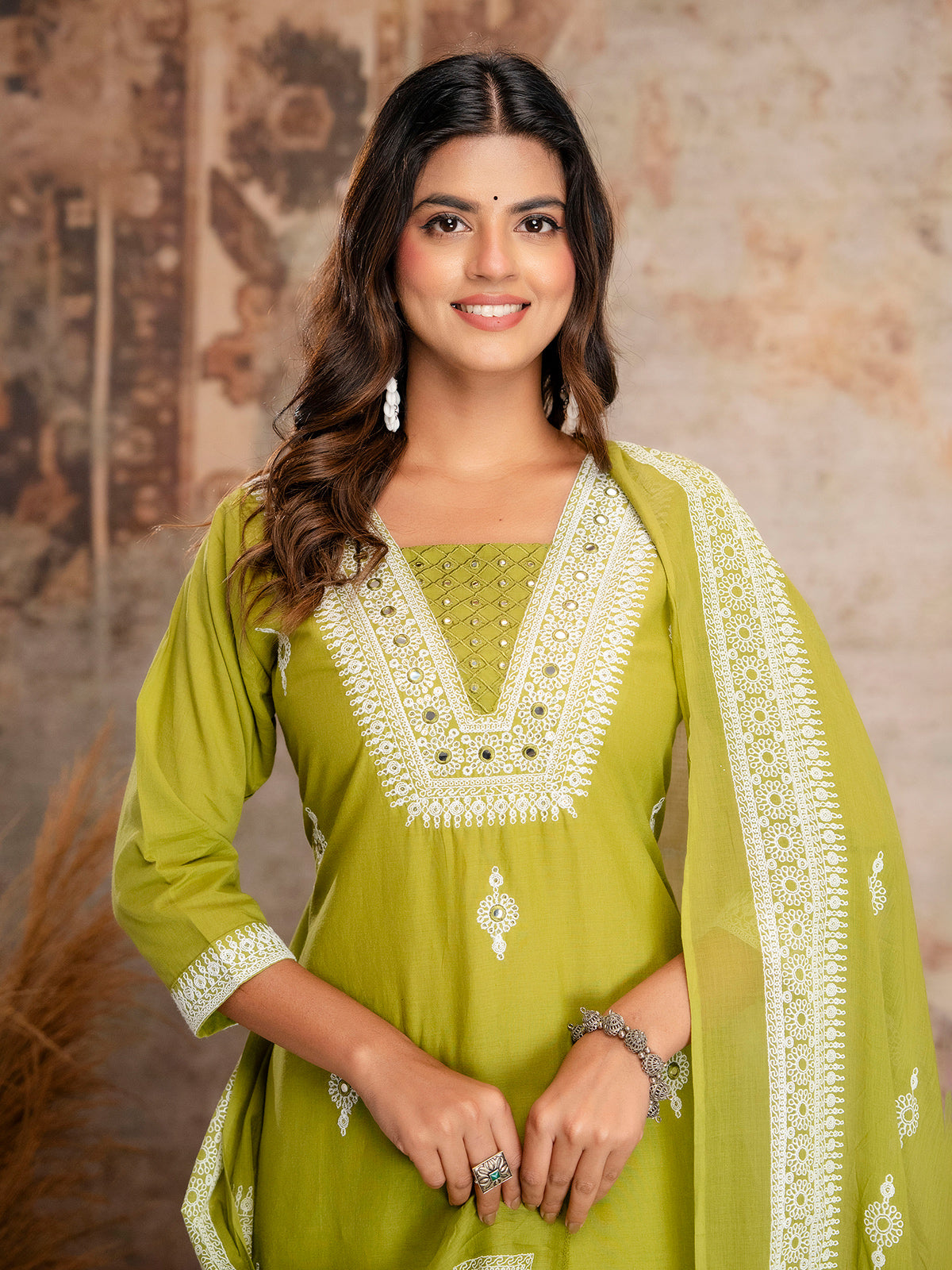 Light green cotton silk kurti set with printed dupatta