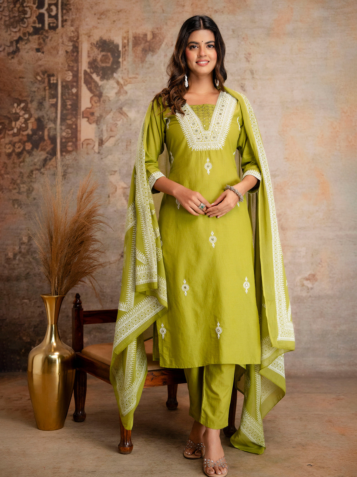 Light green cotton silk kurti set with printed dupatta