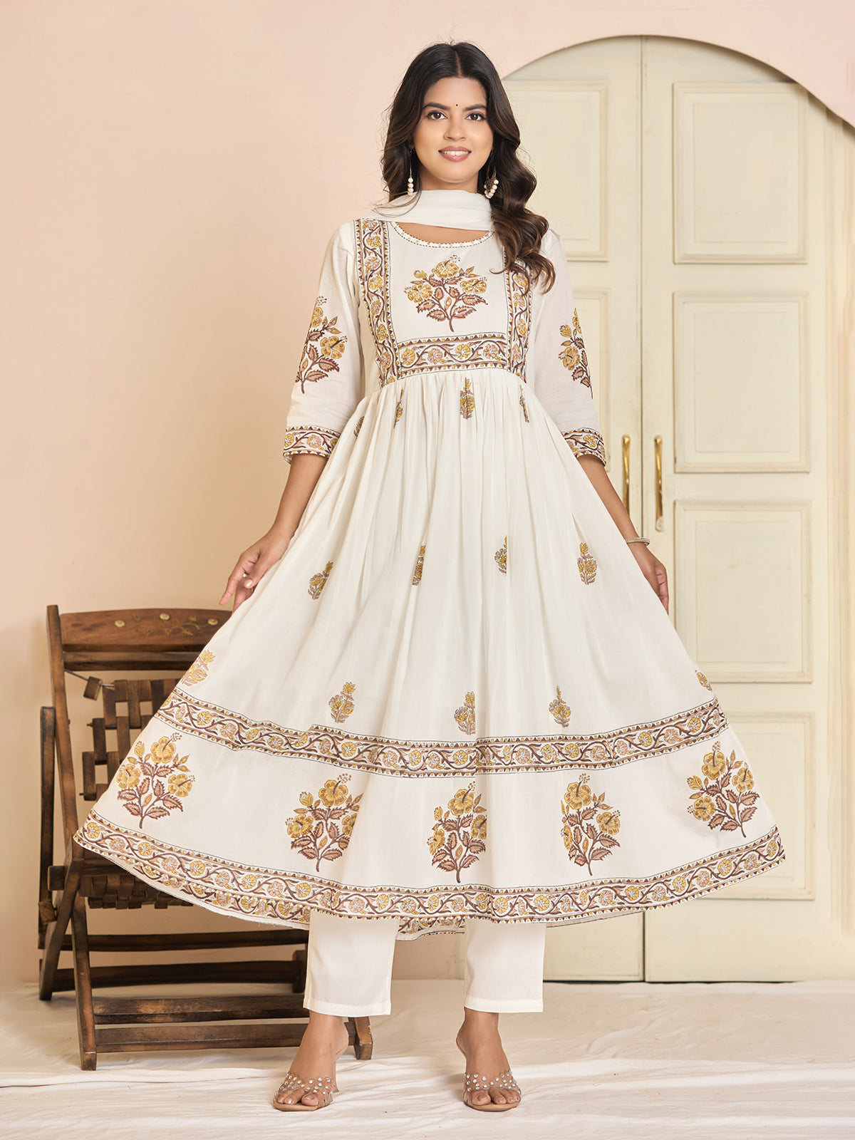 White cotton printed kurti set for classy casual look