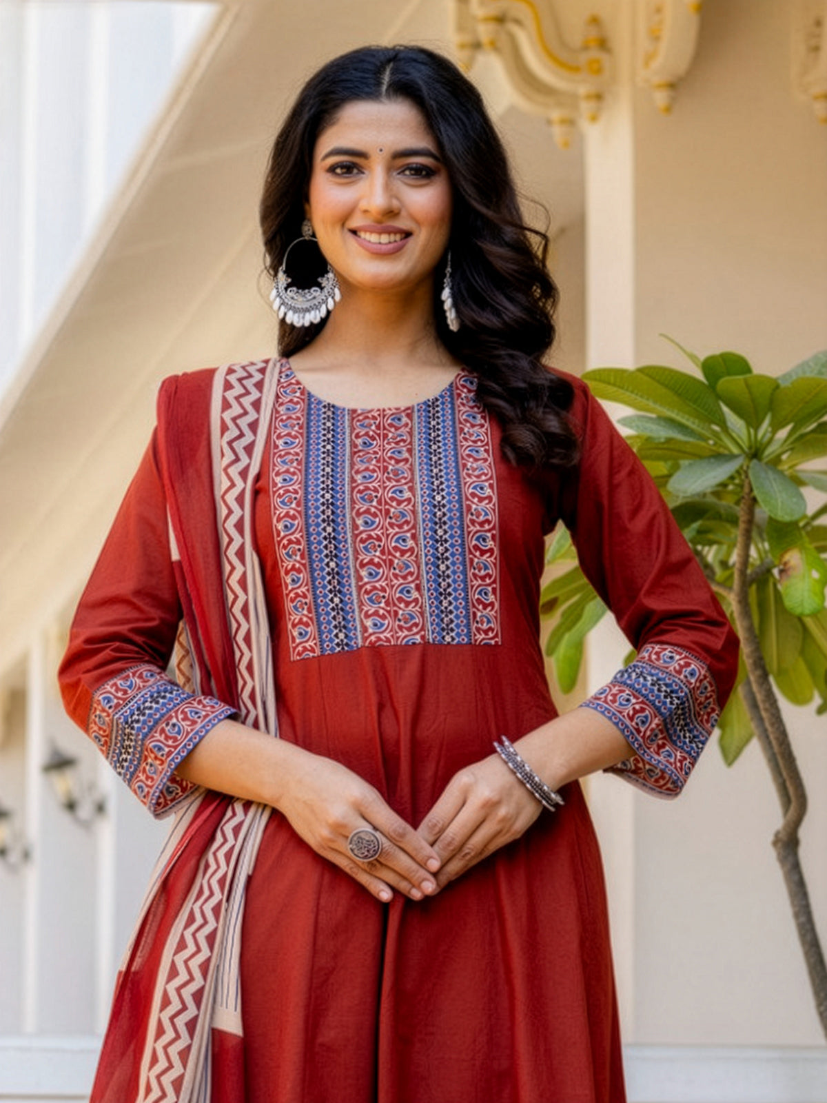 Maroon cotton printed kurti set with printed dupatta