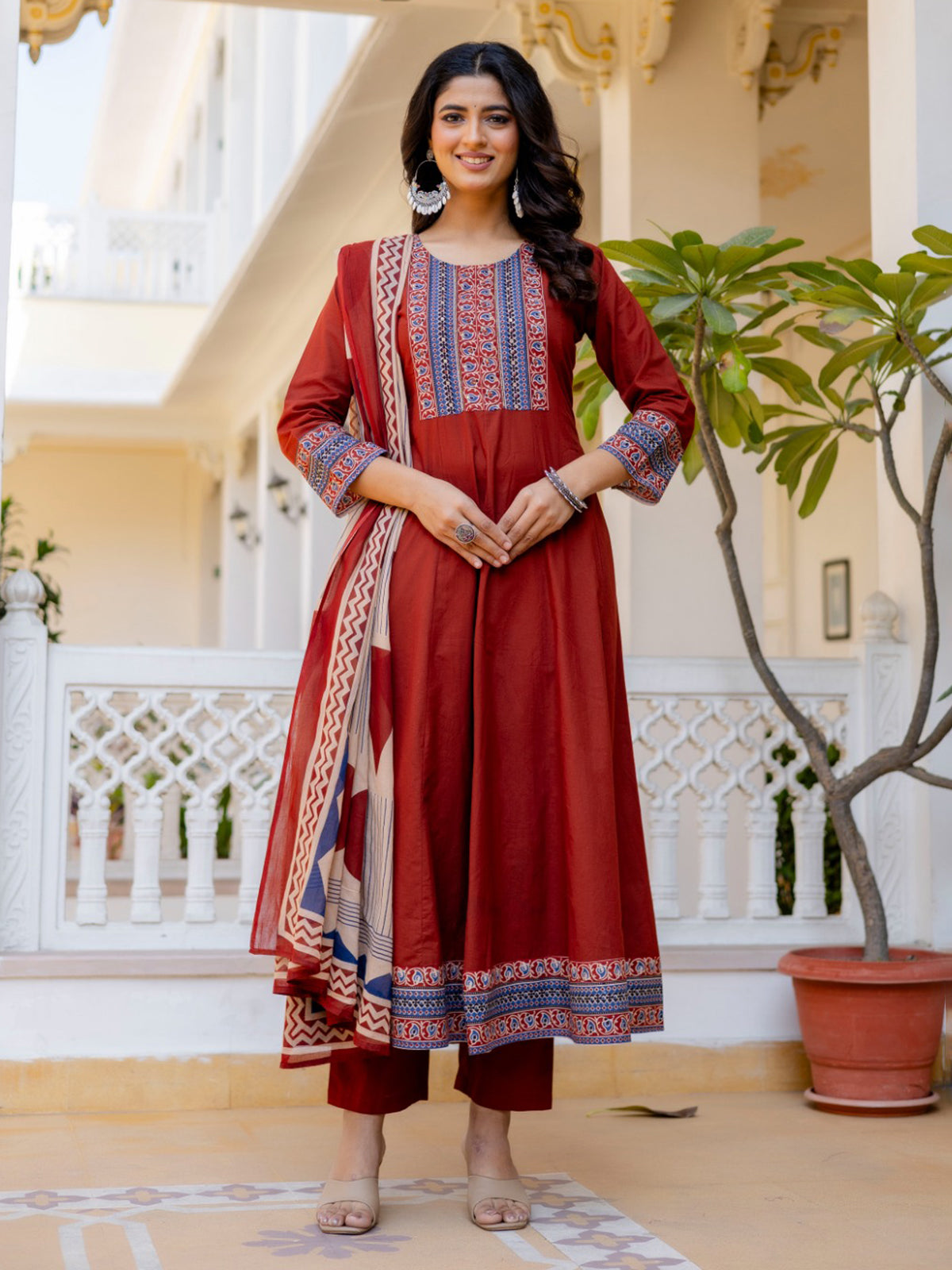 Maroon cotton printed kurti set with printed dupatta