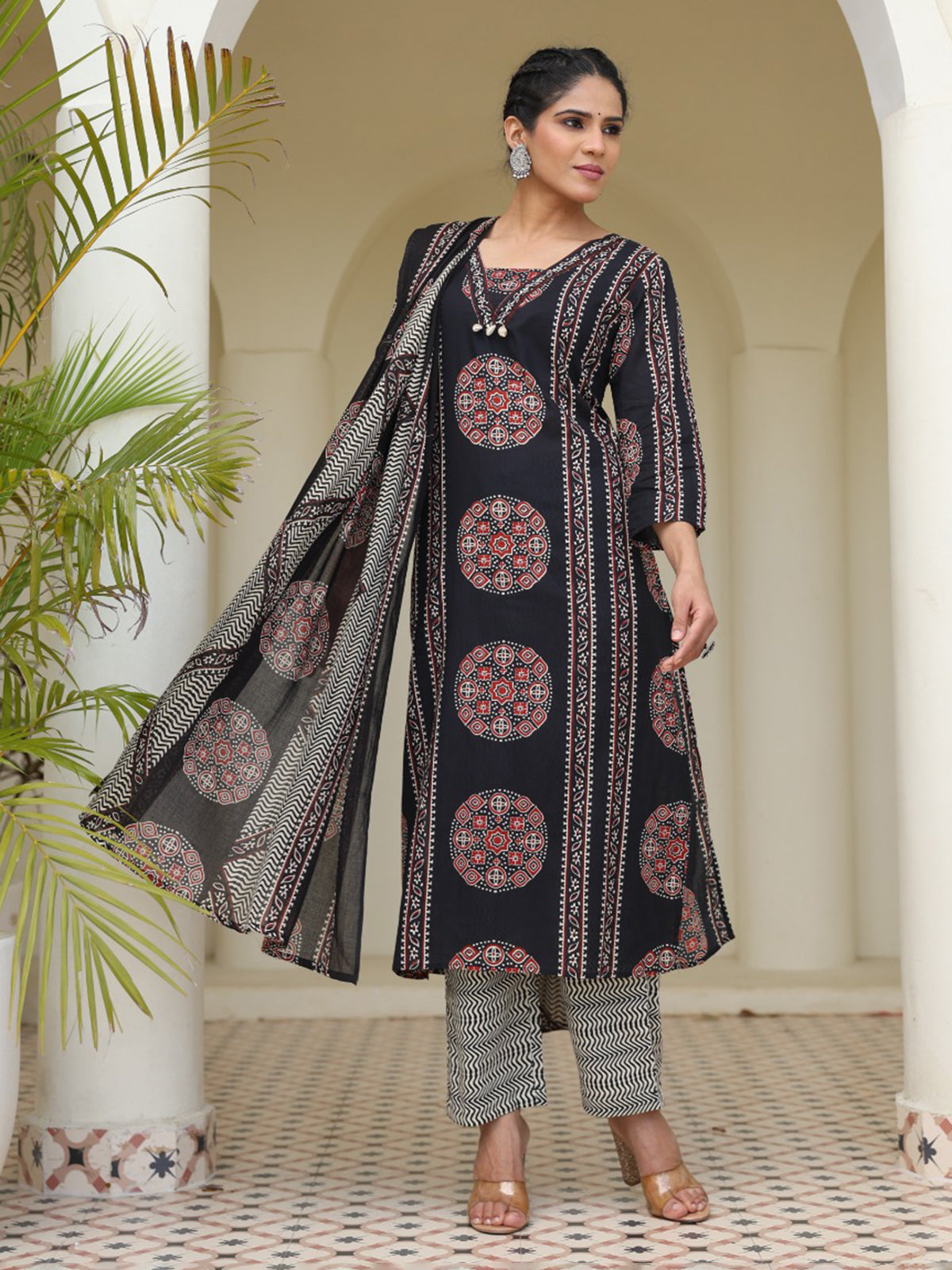Black straight cut cotton printed kurti set