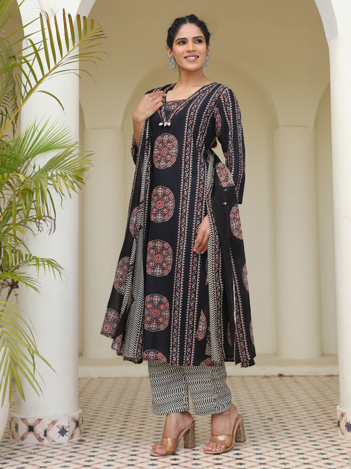 Black straight cut cotton printed kurti set