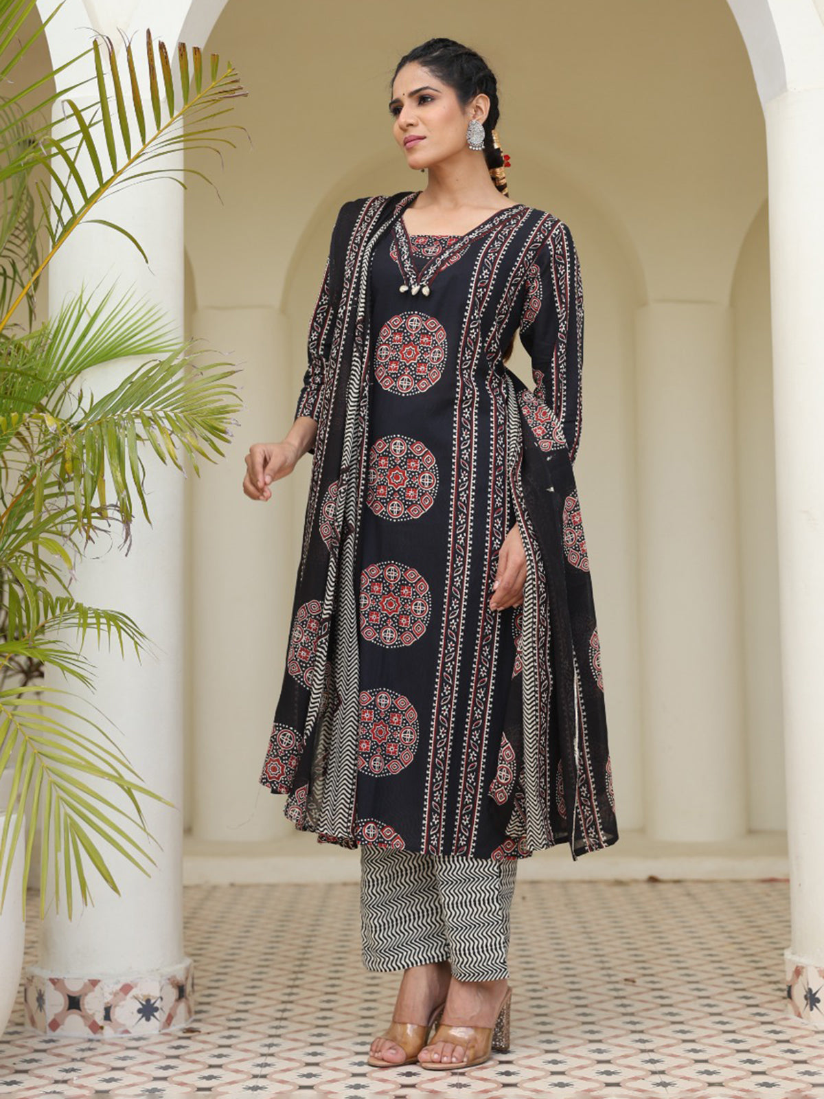 Black straight cut cotton printed kurti set