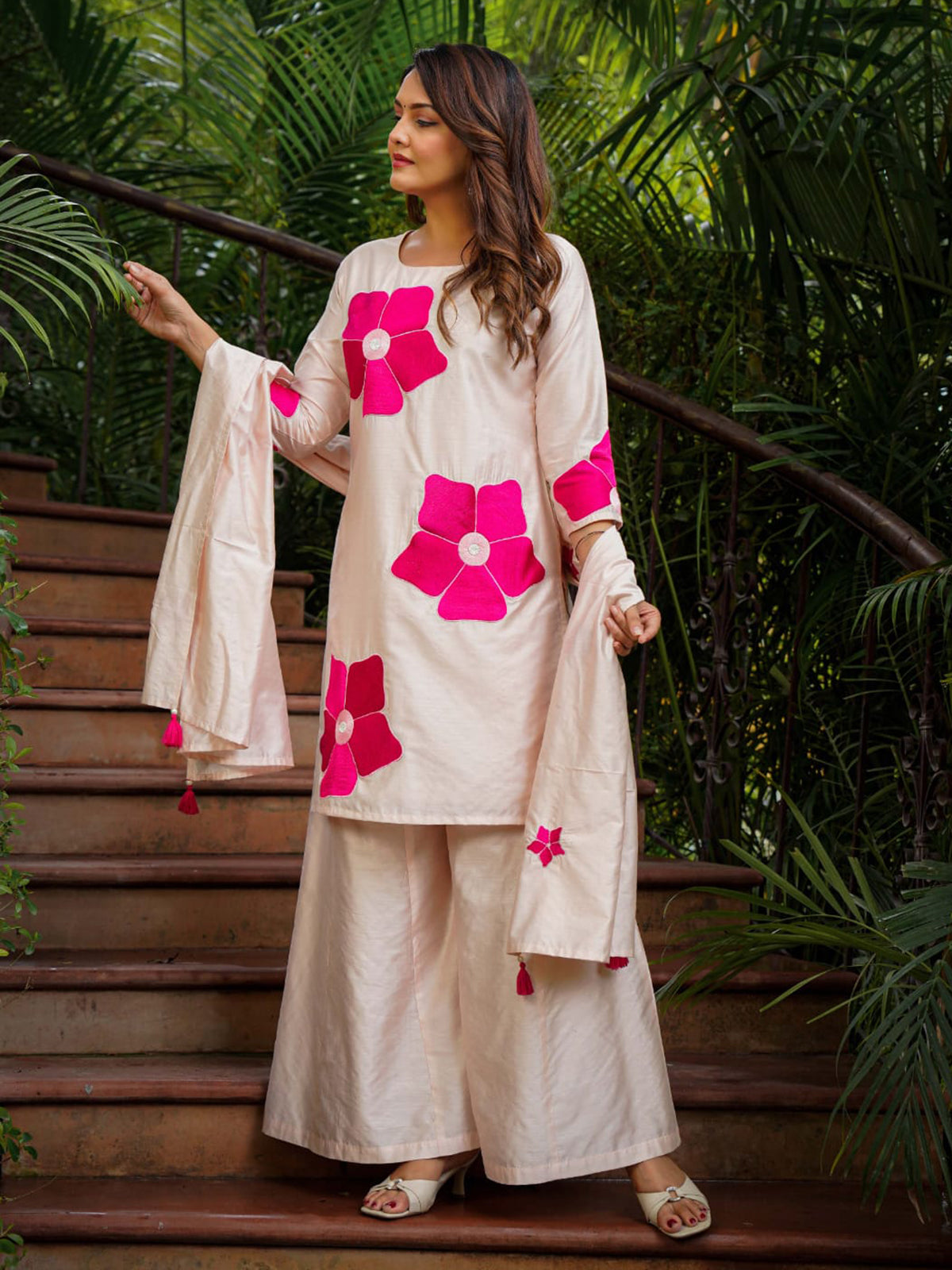 Cream printed crepe silk palazzo kurti set