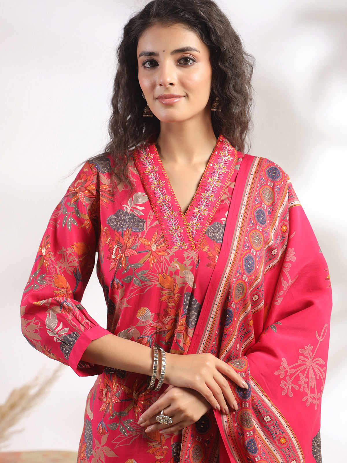Redish pink cotton silk printed festival wear kurti set