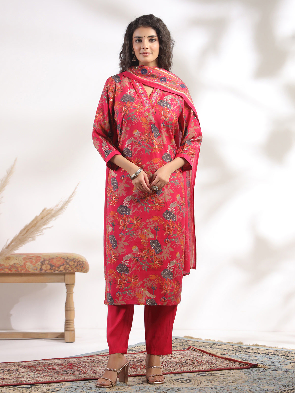 Redish pink cotton silk printed festival wear kurti set