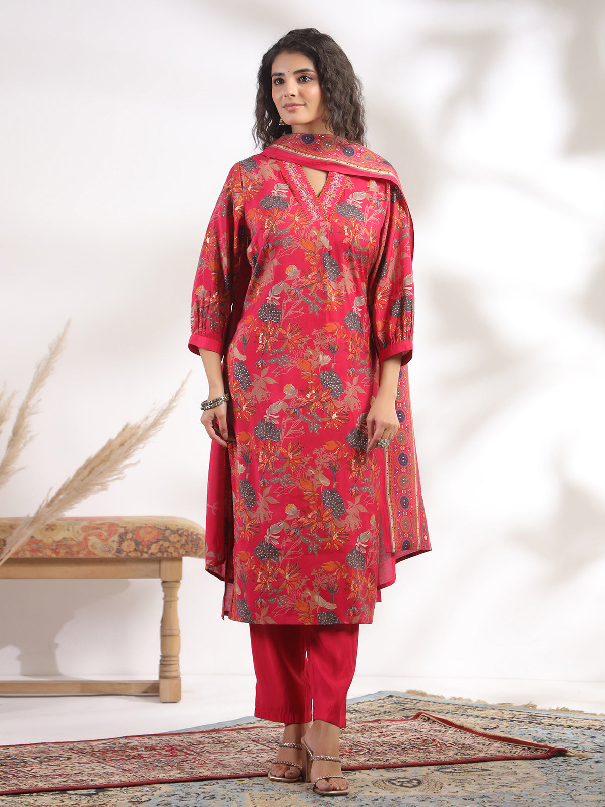 Redish pink cotton silk printed festival wear kurti set
