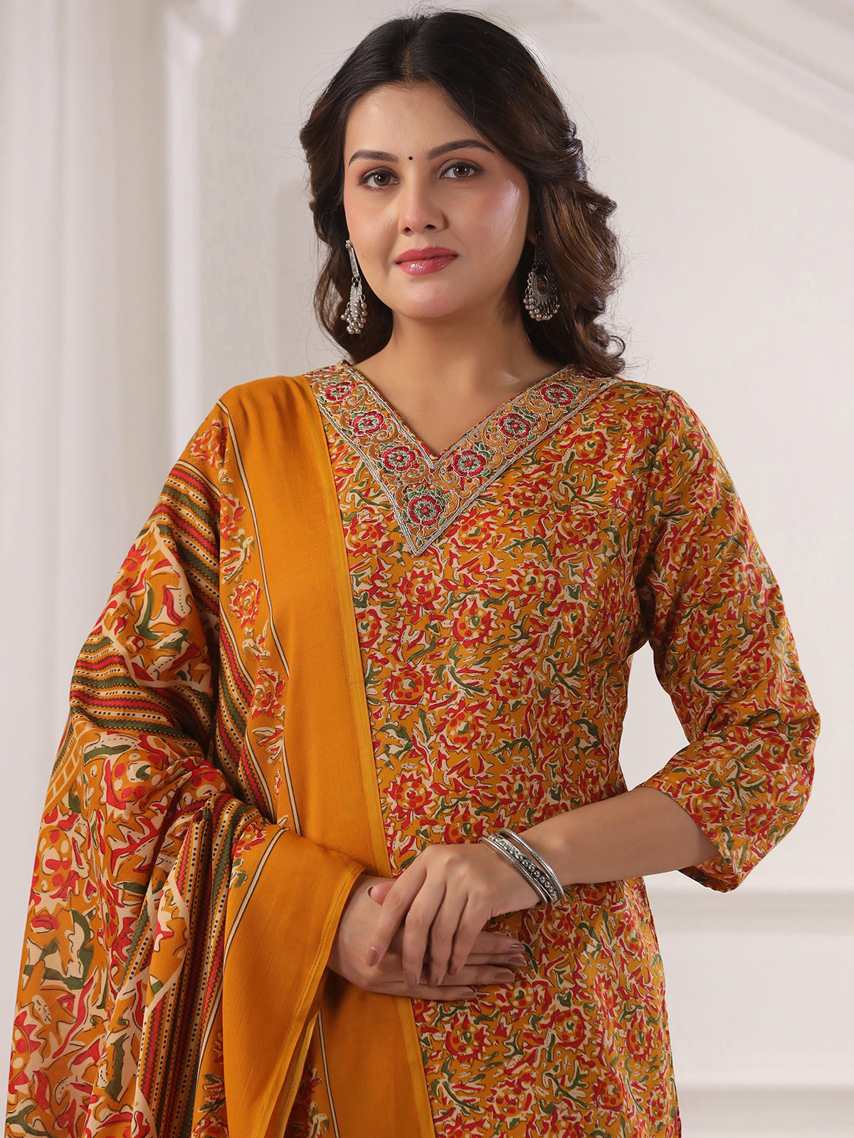 Mustard yellow cotton printed kurti set with V neckline