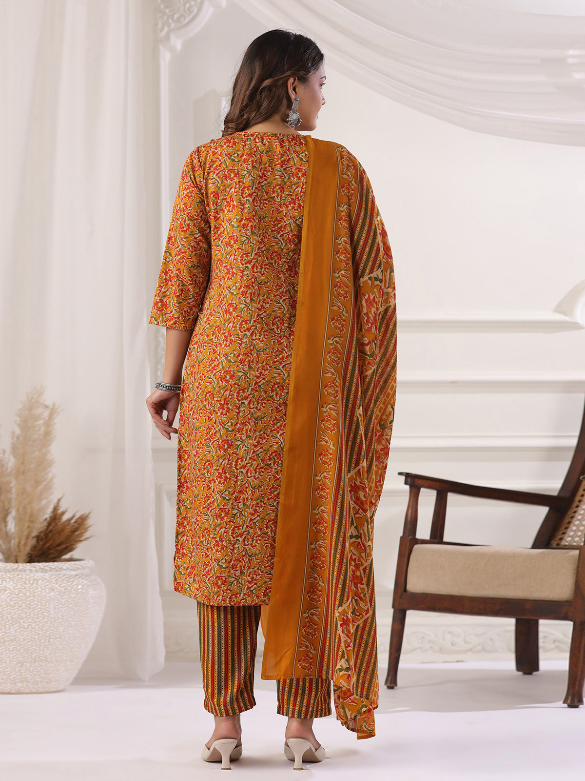 Mustard yellow cotton printed kurti set with V neckline