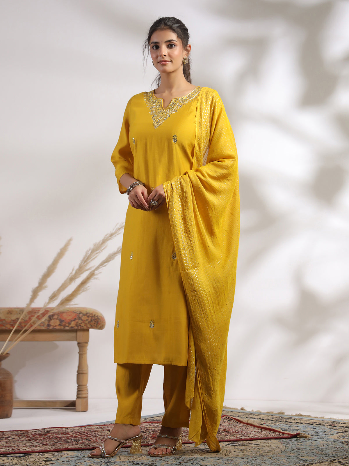 Yellow cotton silk festival wear kurti set