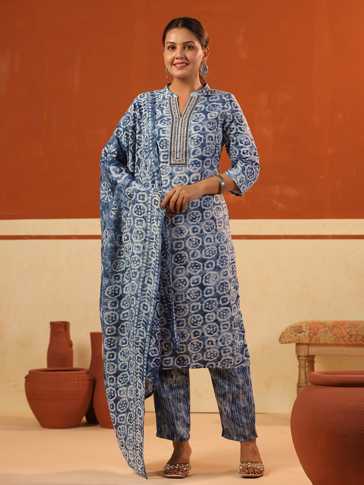 Rama blue cotton printed kurti set with stand collar