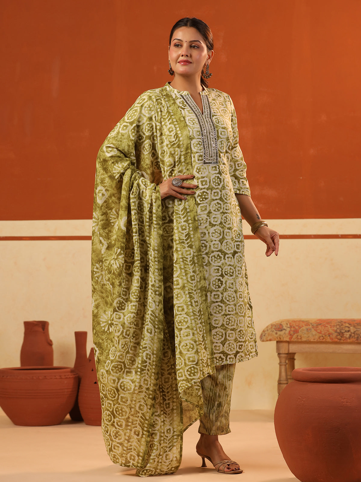 Olive green cotton printed kurti set with stand collar