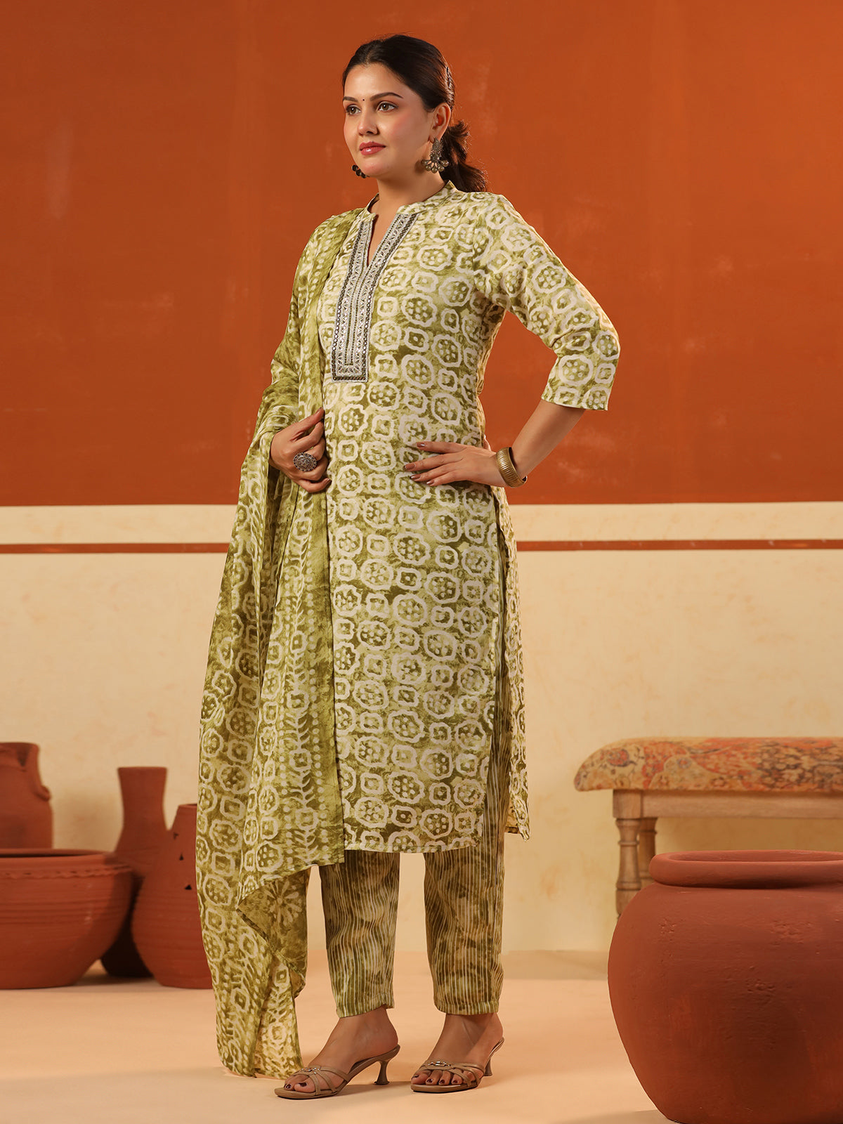 Olive green cotton printed kurti set with stand collar