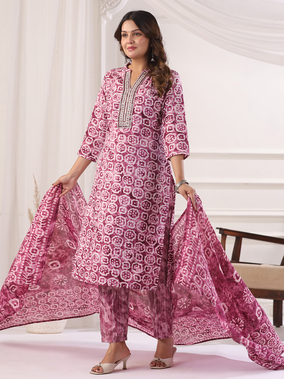 Light wine cotton printed kurti set with stand collar