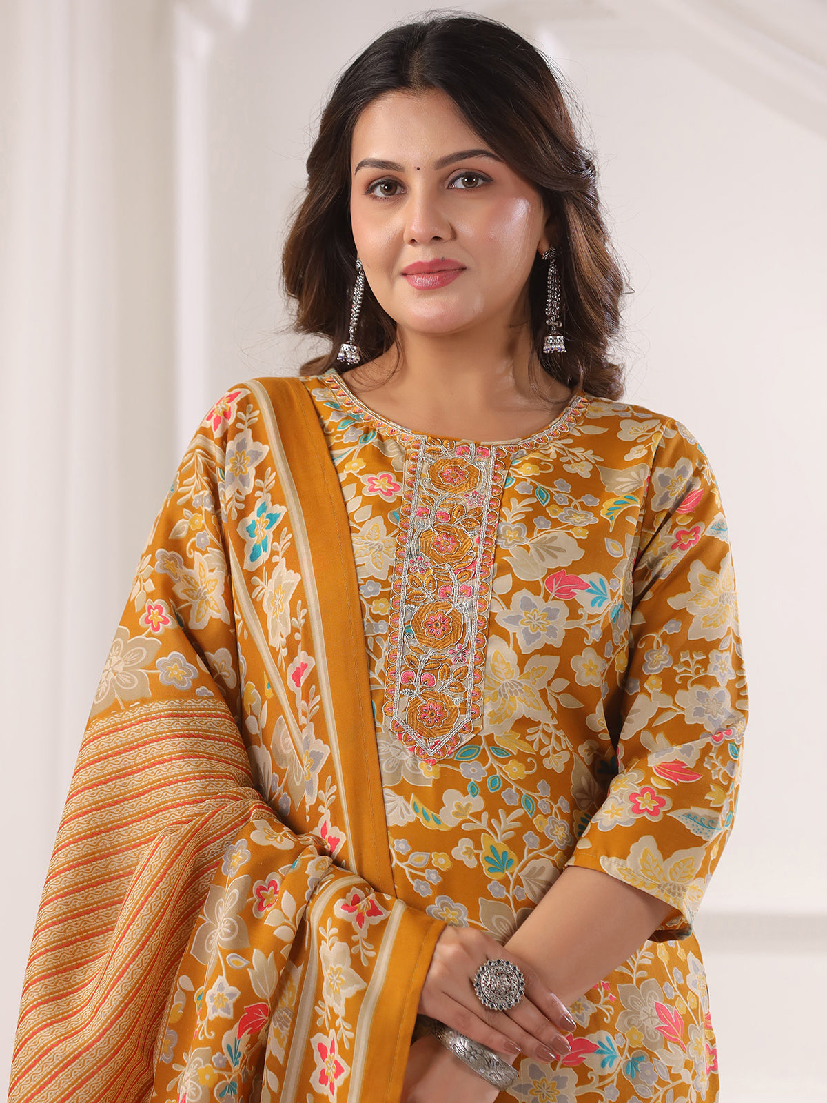 Mustard yellow cotton printed festival wear kurti set