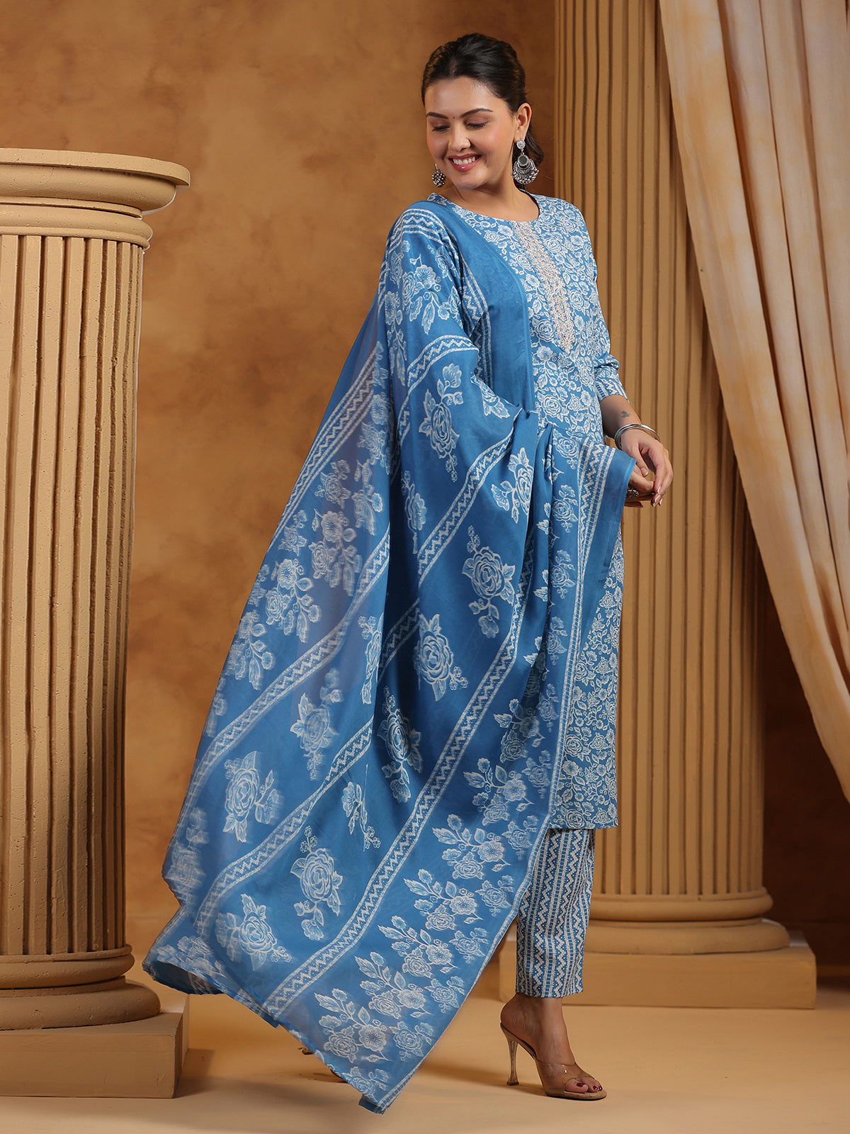 Blue cotton printed festival wear kurti set for women