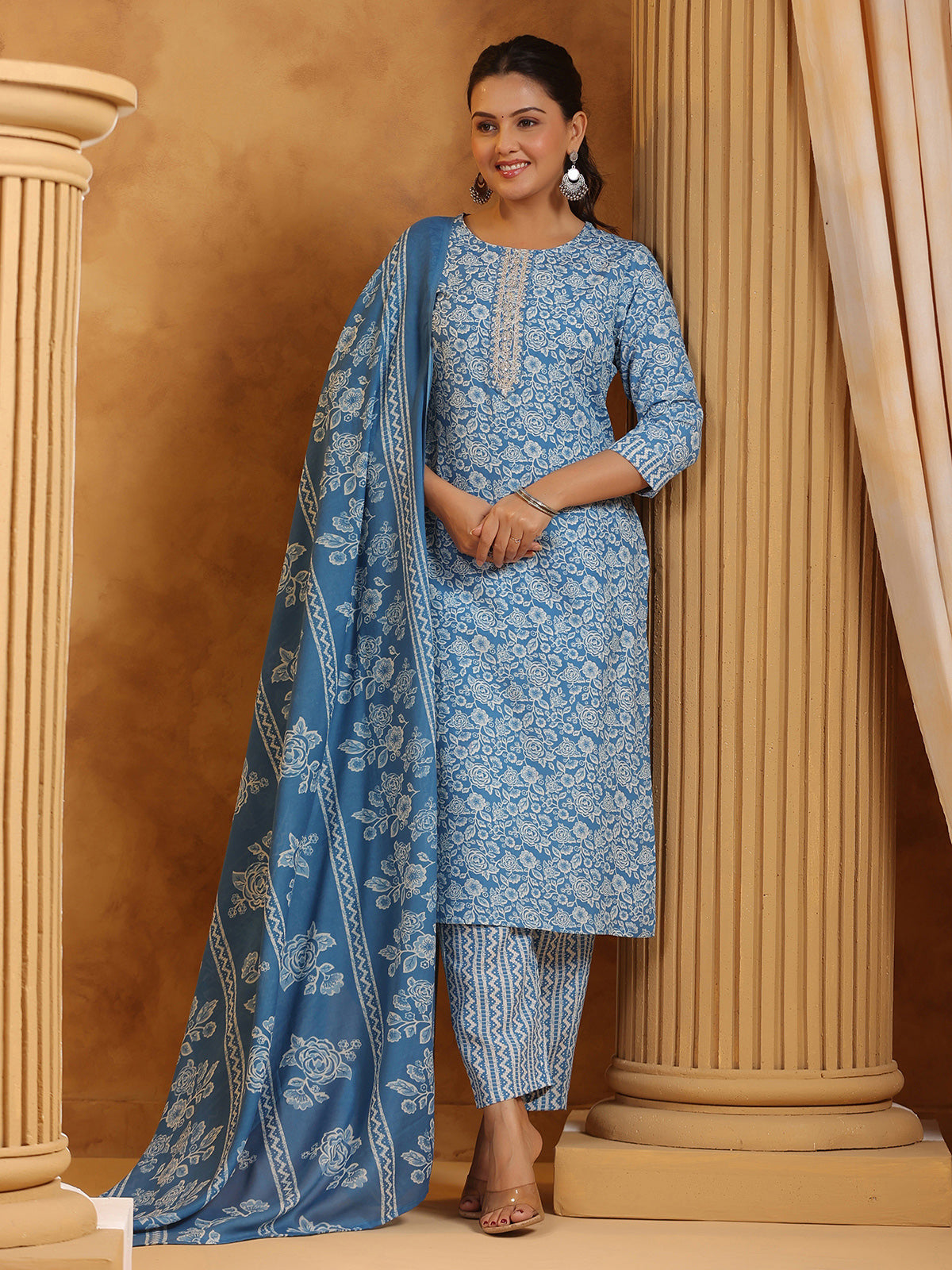 Blue cotton printed festival wear kurti set for women