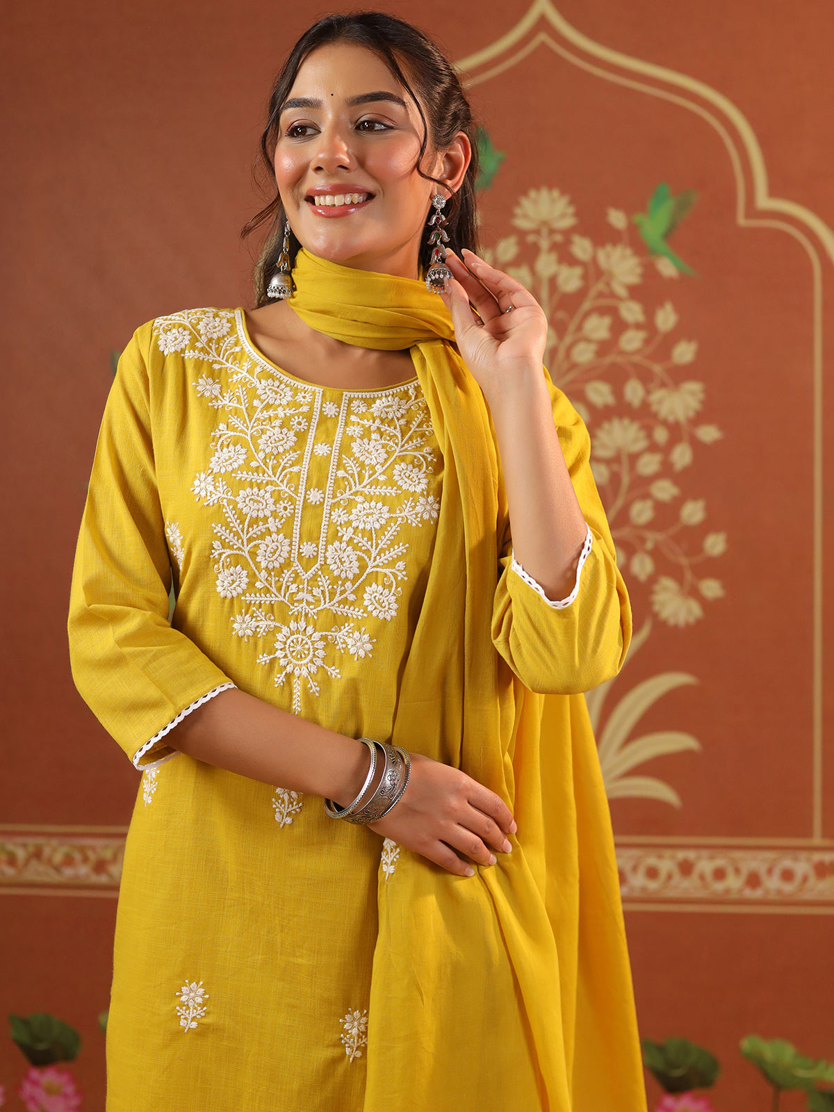 Yellow cotton festival wear kurti set with round neckline