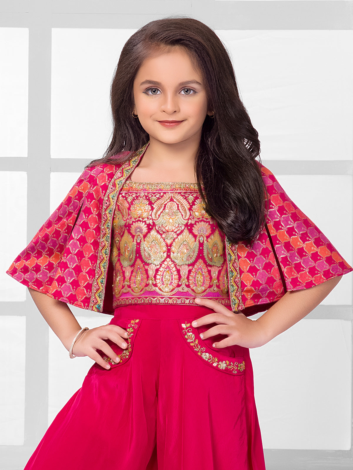 Rani pink jacket style palazzo suit for girls