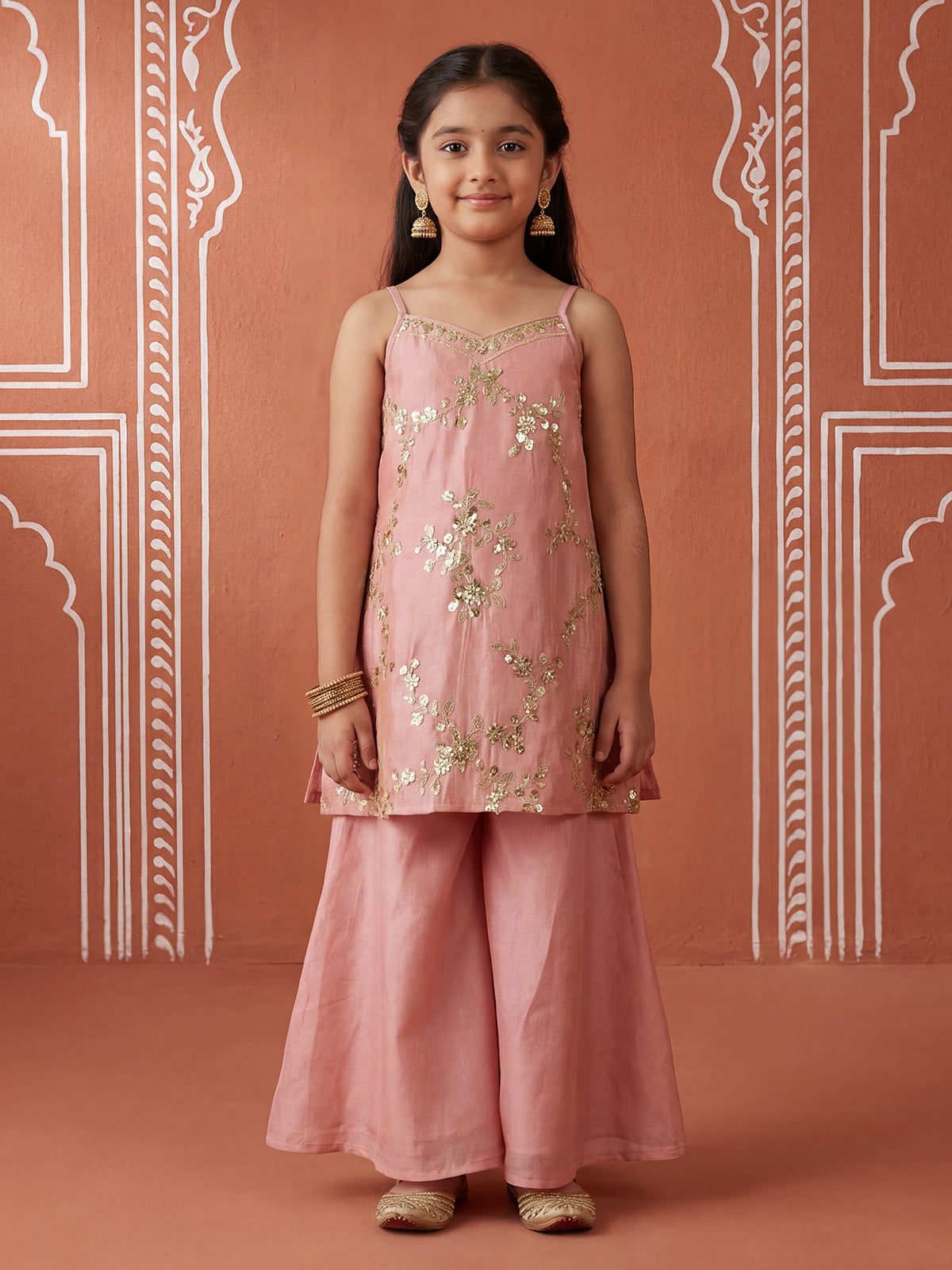 Light pink festive wear tssue silk palazzo suit