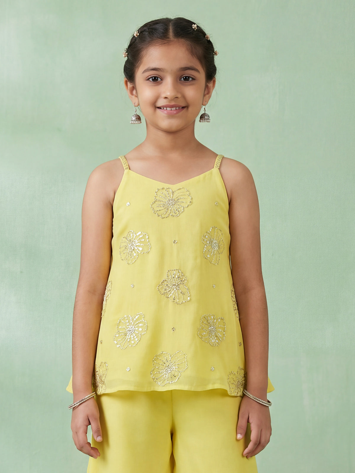 Light yellow festive wear palazzo suit in soft georgette