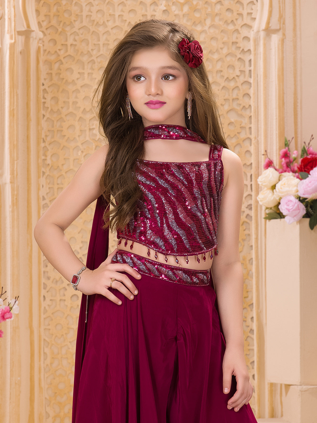 Wine silk palazzo suit with cutdana and sequins detailing