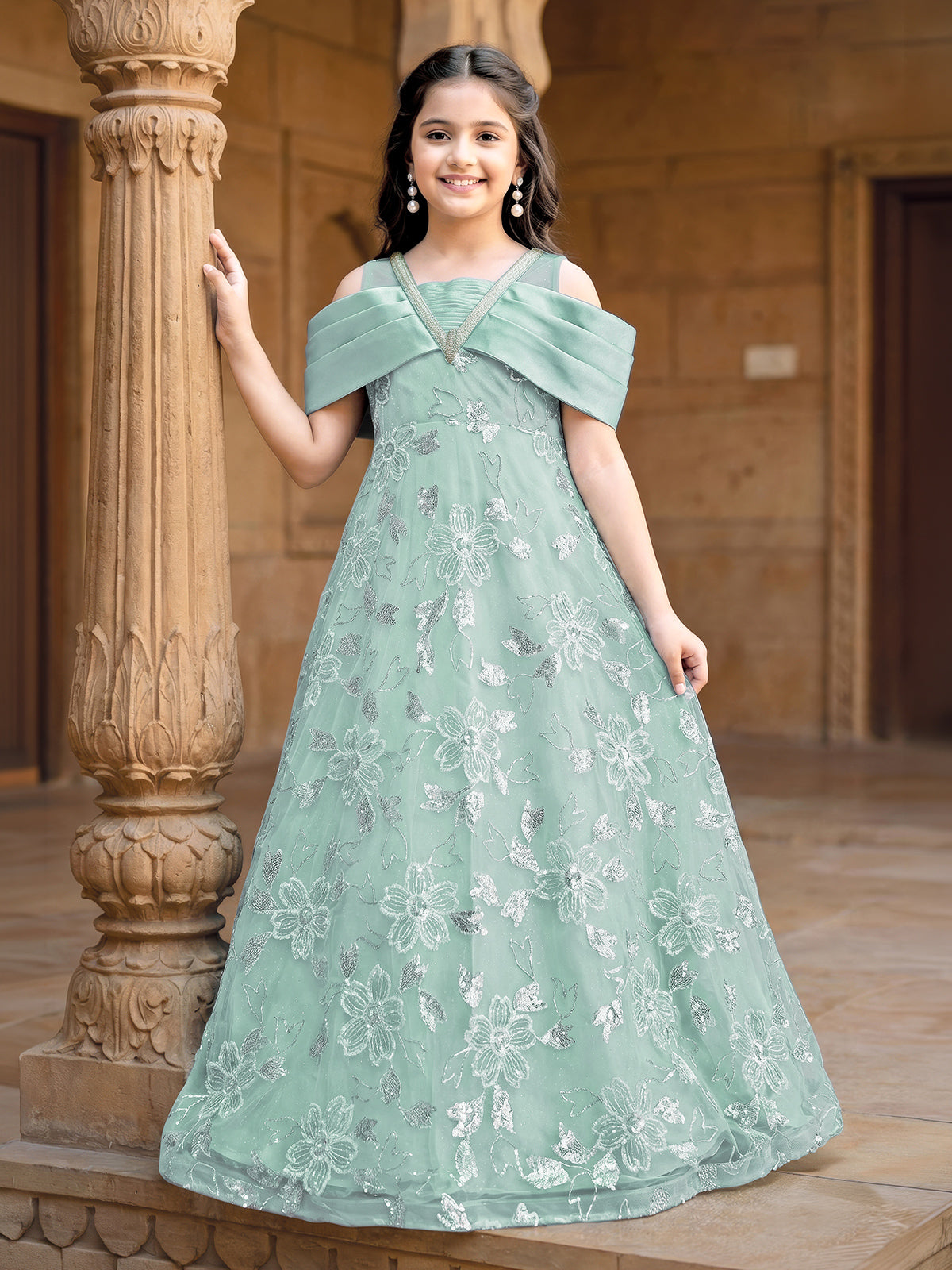 Mint green organza gown with sequins sparkle