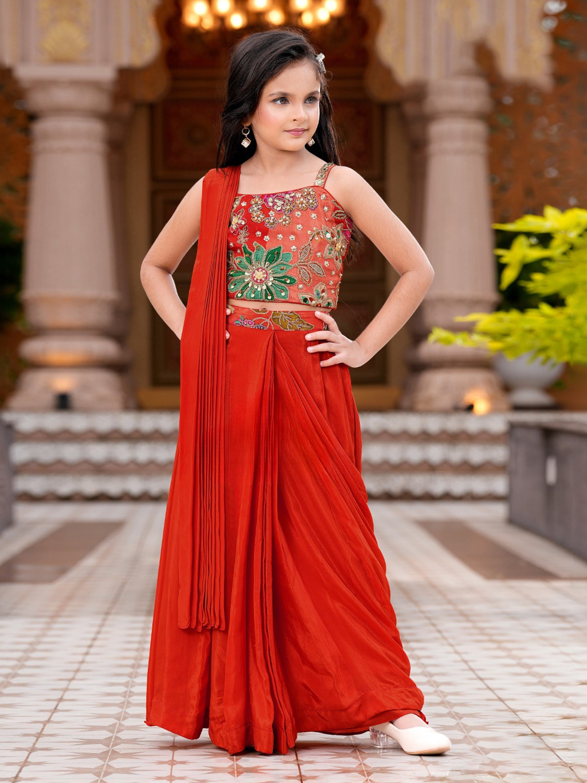 Red wedding wear silk sleeveless lehenga choli