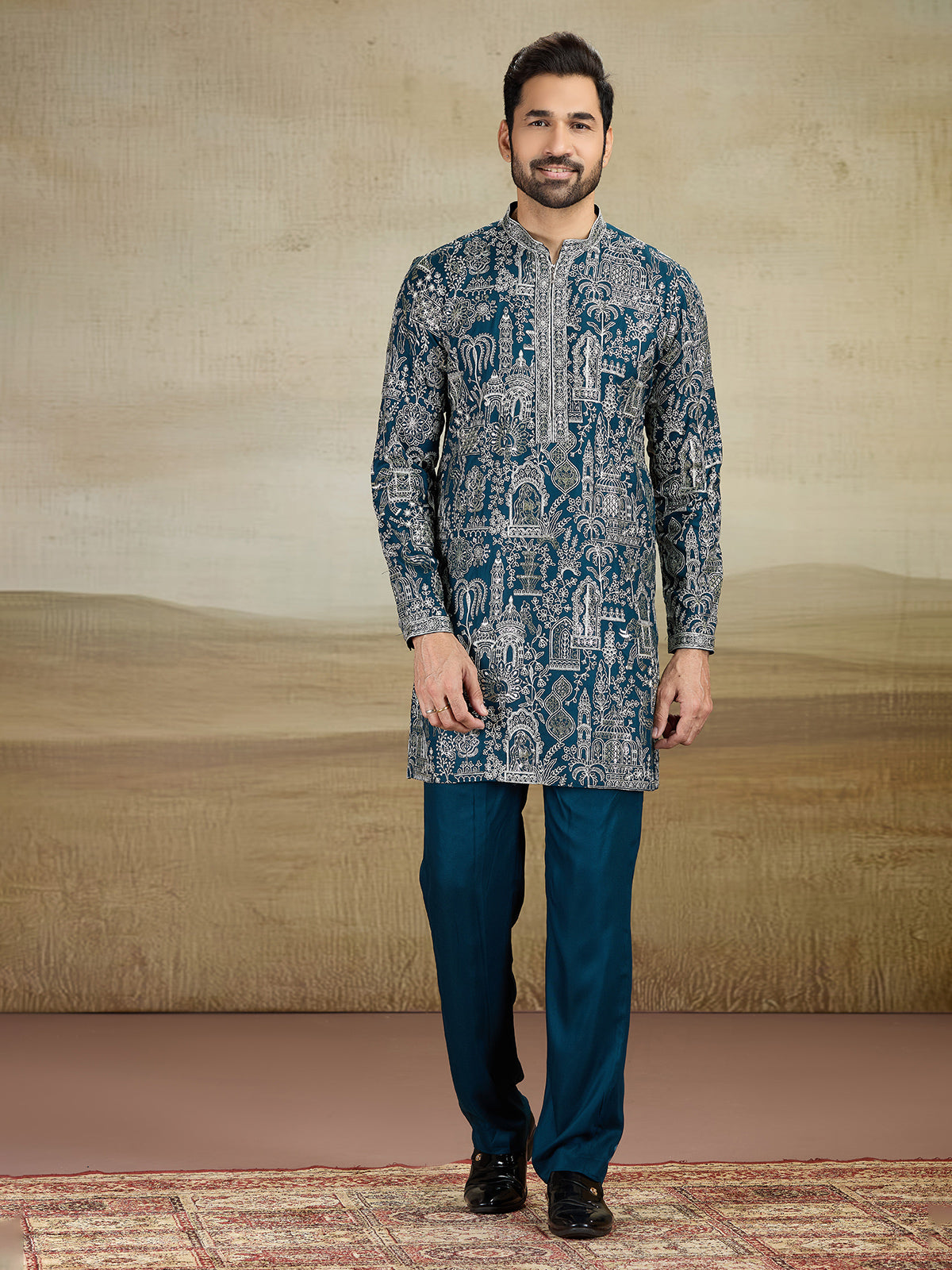 Rama blue rayon silk kurtapajama and dupatta for reception