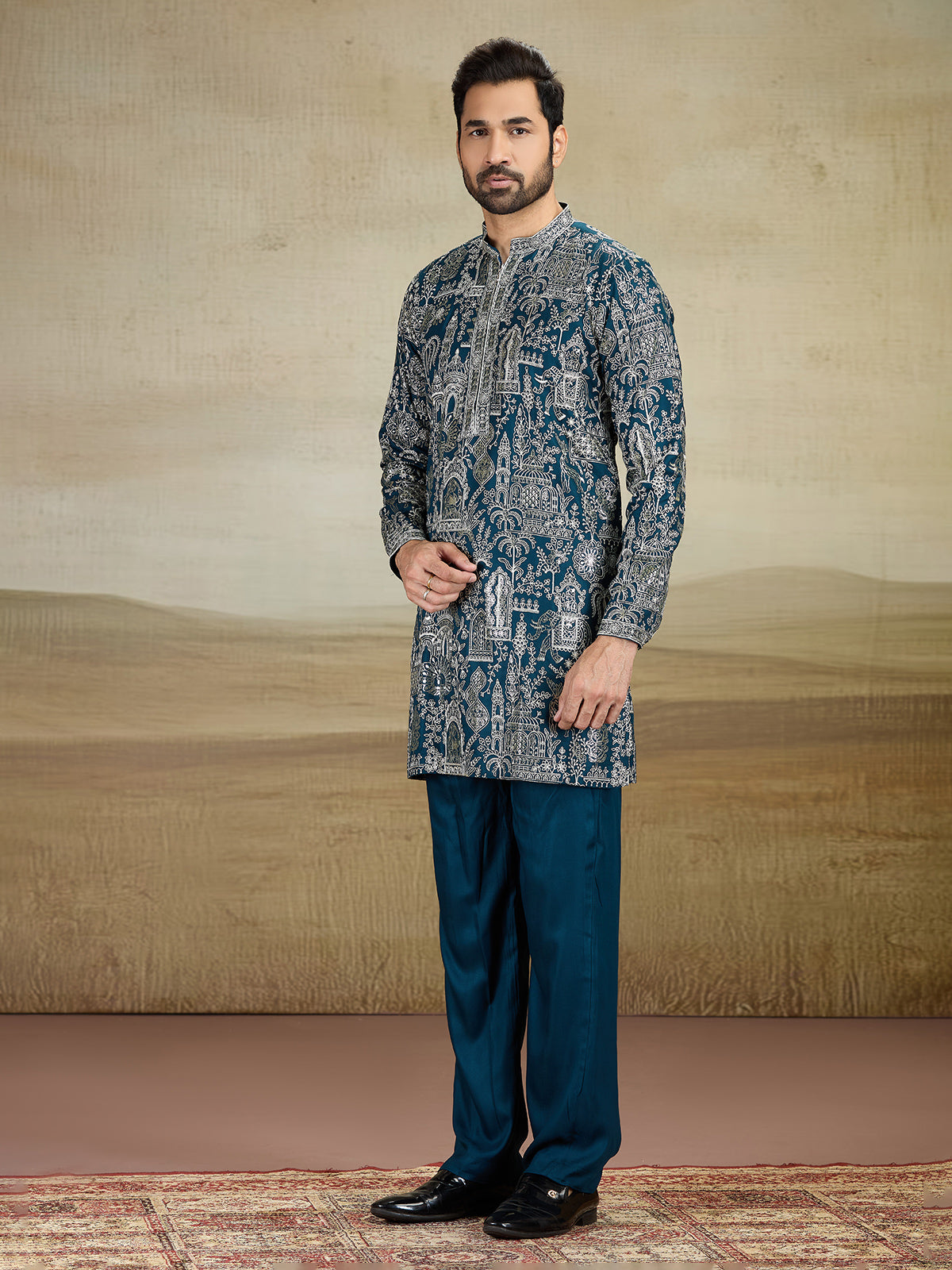 Rama blue rayon silk kurtapajama and dupatta for reception