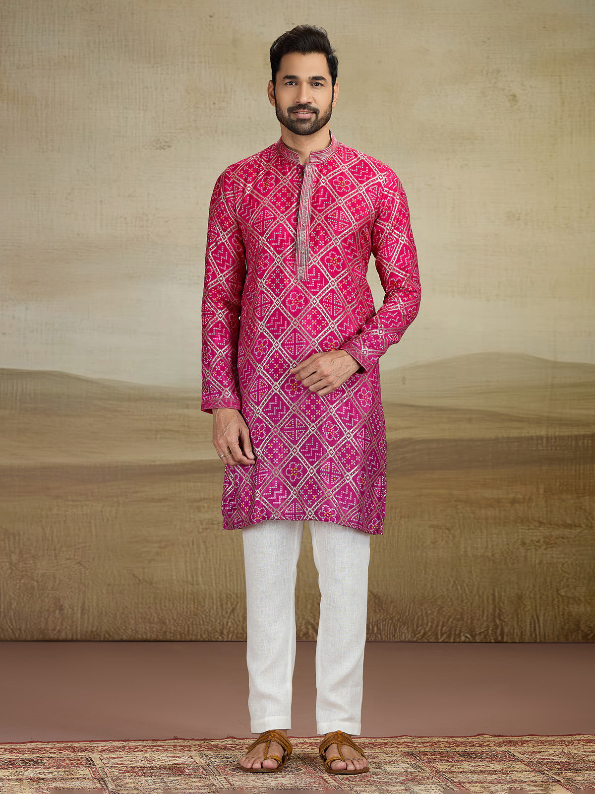 Magenta printed jacquard silk kurta pajama