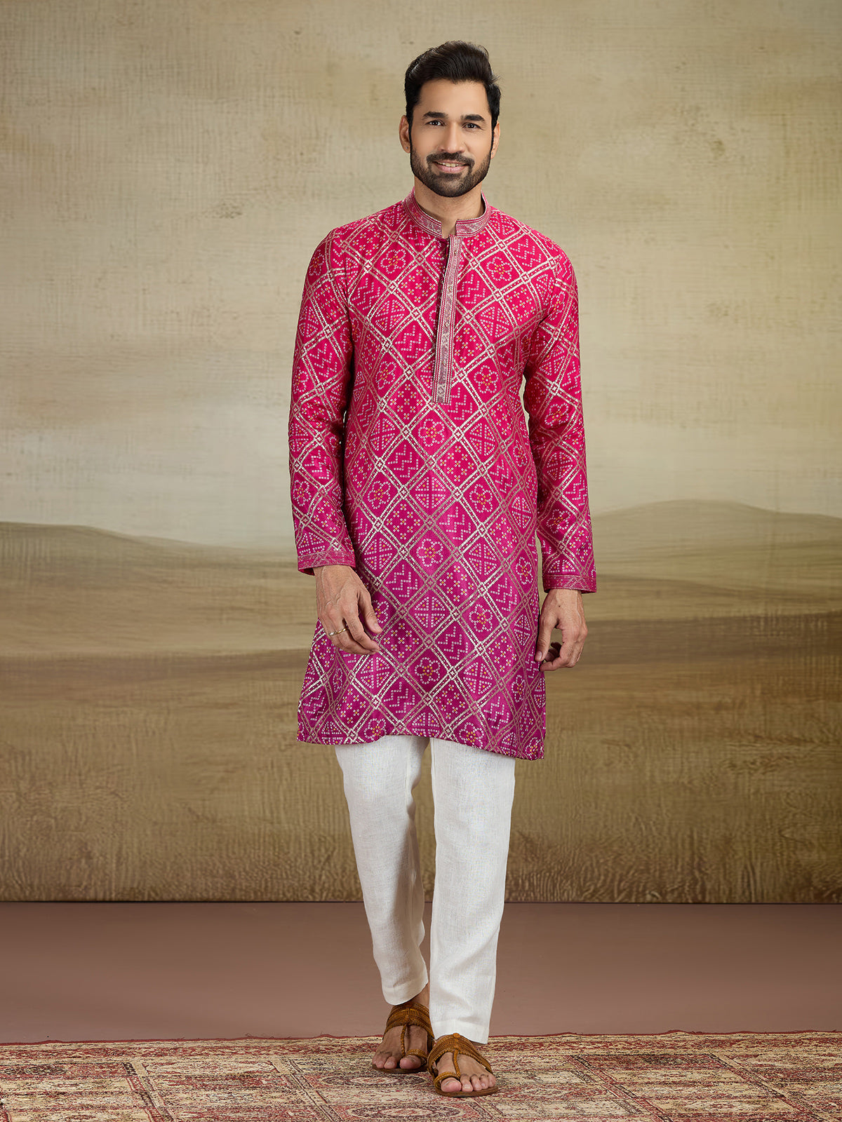 Magenta printed jacquard silk kurta pajama