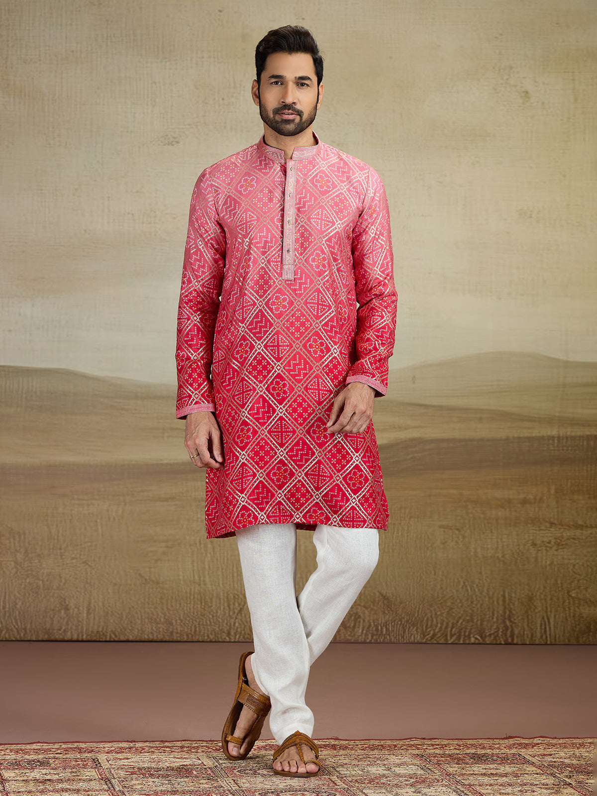 Red jacquard silk prnted kurta pajama for men