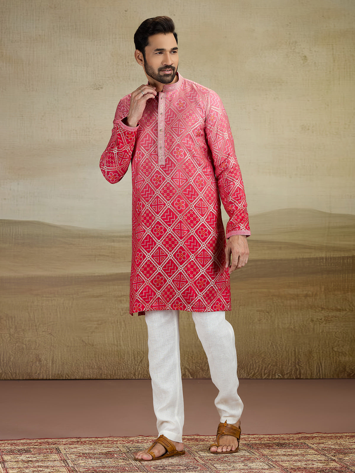 Red jacquard silk prnted kurta pajama for men