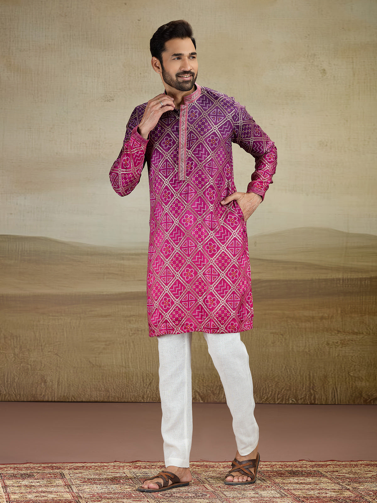 Pink jacquard silk shaded kurta pajama