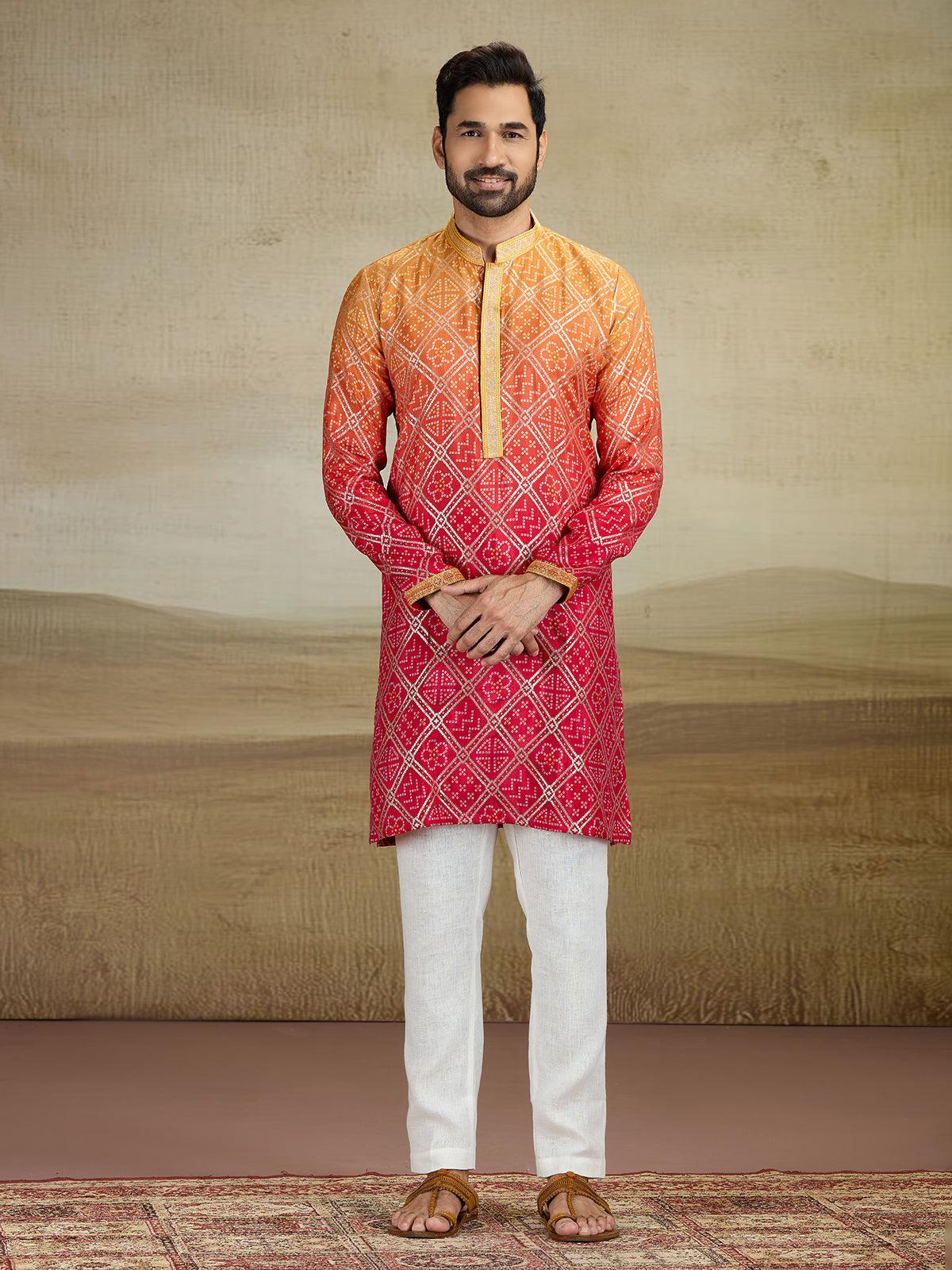 Red shaded jacquard silk kurta pajama with print