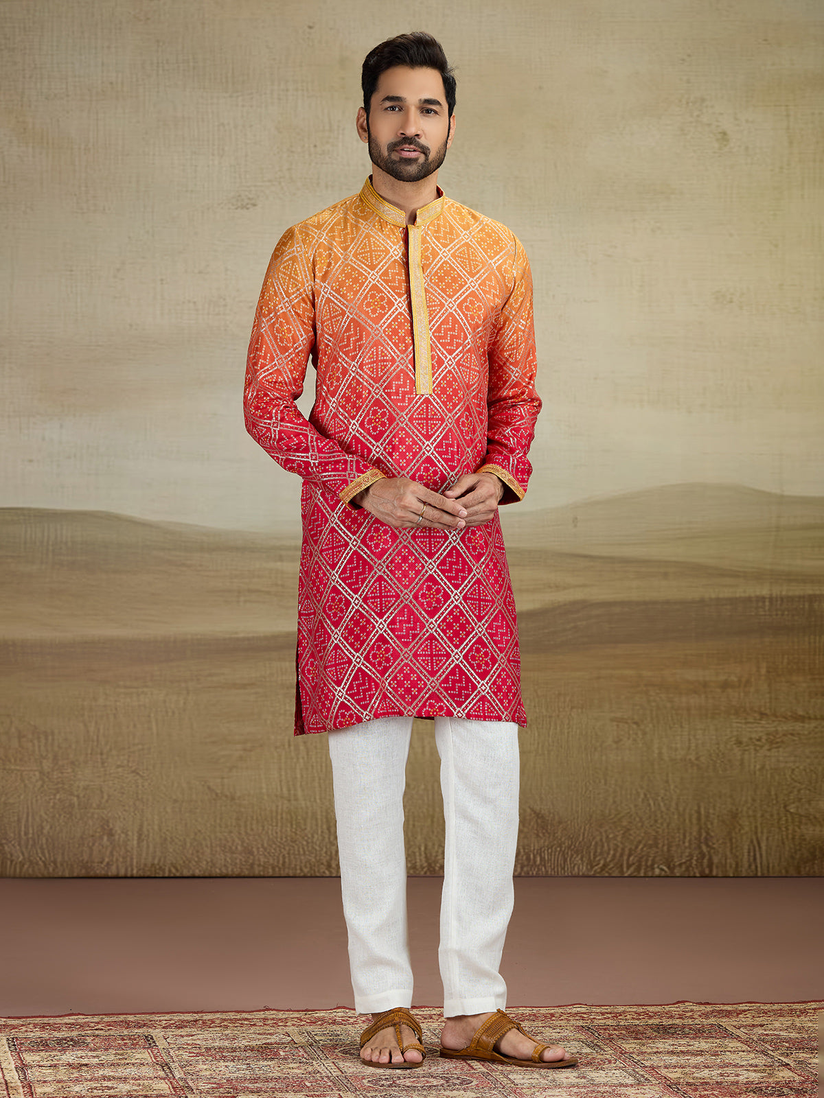 Red shaded jacquard silk kurta pajama with print