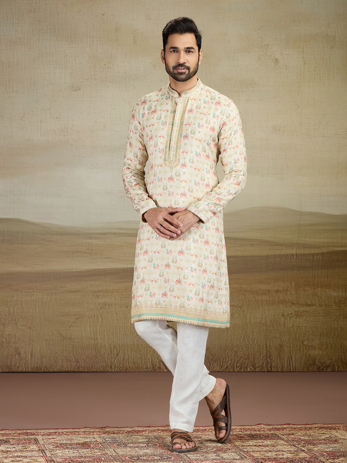 Cream printed kurta pajama set with zari work