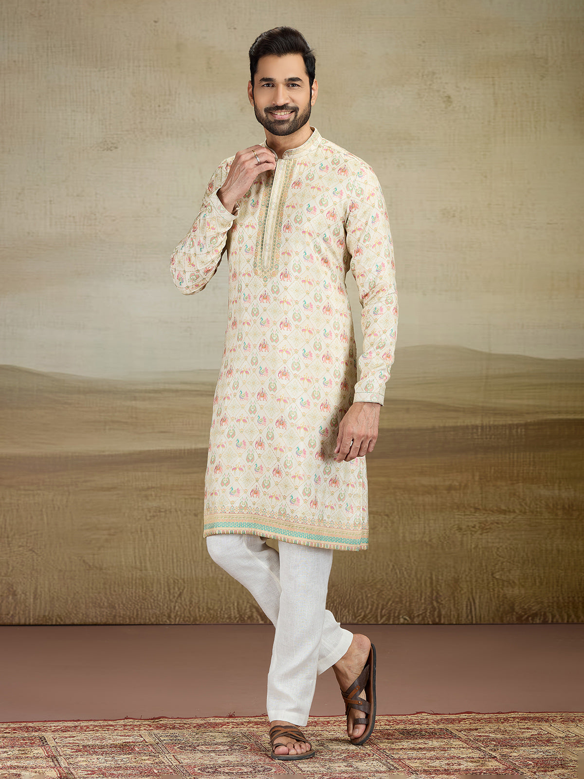 Cream printed kurta pajama set with zari work