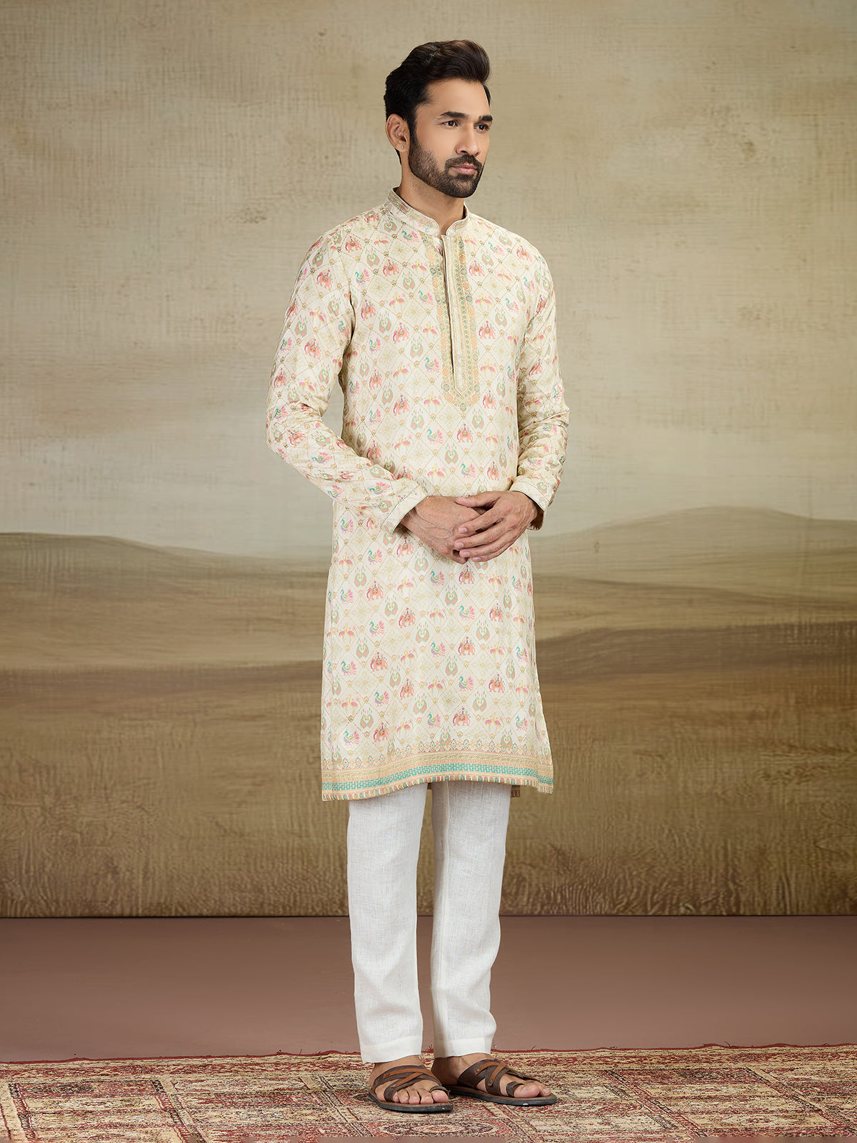 Cream printed kurta pajama set with zari work