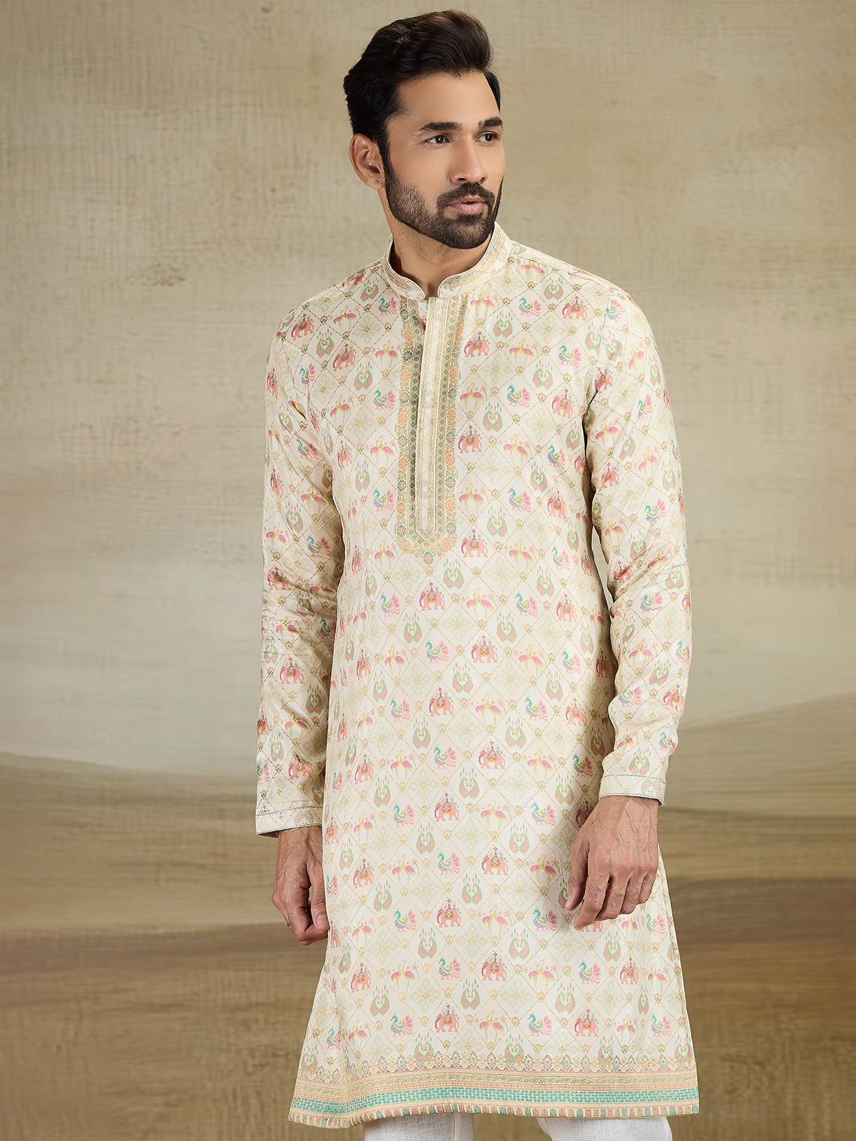 Cream printed kurta pajama set with zari work